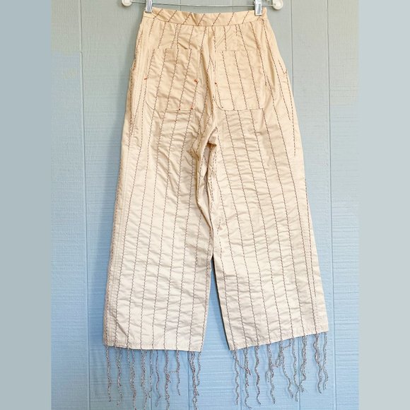 LOW CLASSIC Ivory Fringe Designer Cotton Pants - Picture 2 of 5